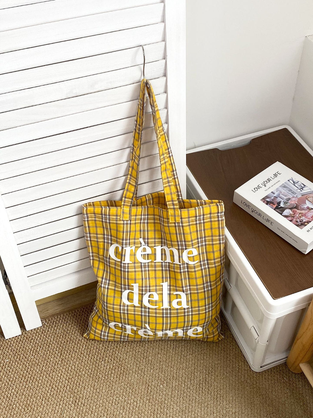 Interior view of Cosbai plaid tote bag showing spacious