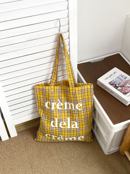 Interior view of Cosbai plaid tote bag showing spacious