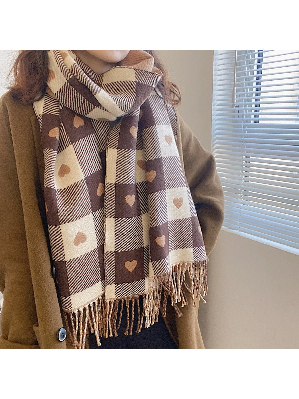 Scarvii - Heart Print Plaid Winter Scarf