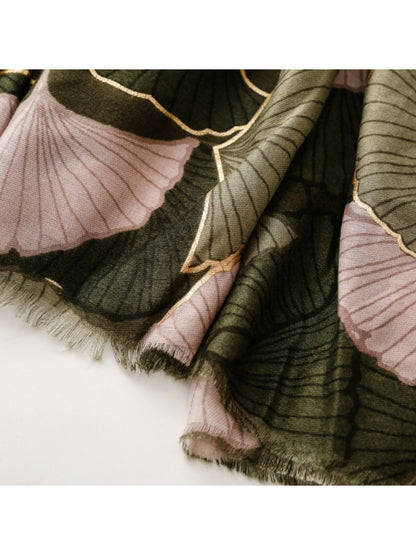 Scarvii - Winter Scarf & Shawl with Gold Foil Gingko Leaf Pattern