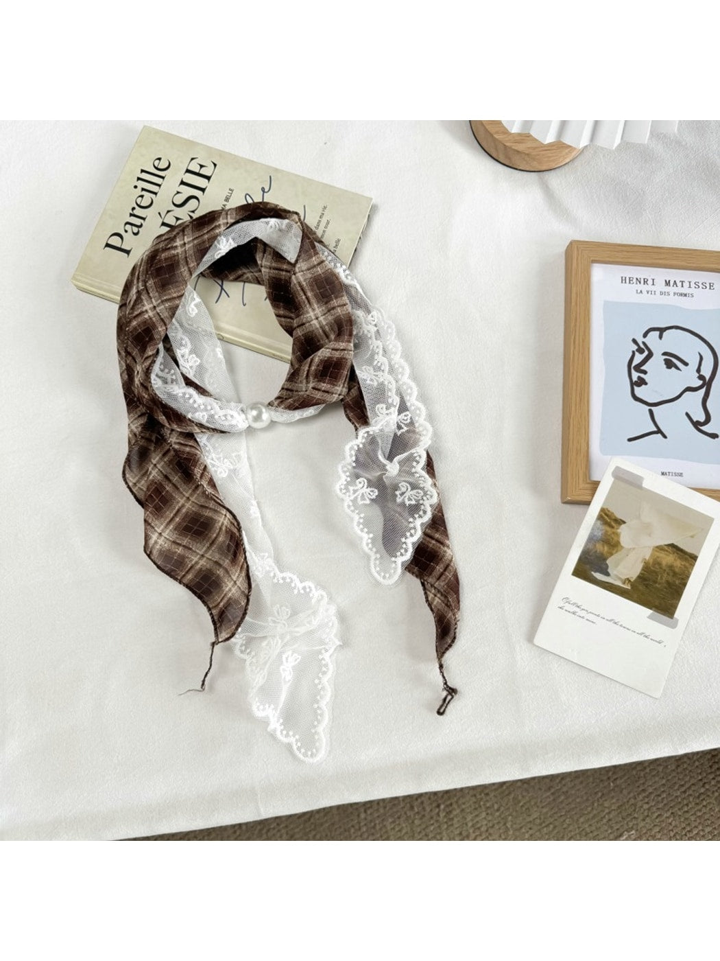 Scarvii - Polka Dot Lace-Edge Long Narrow Neck Scarf