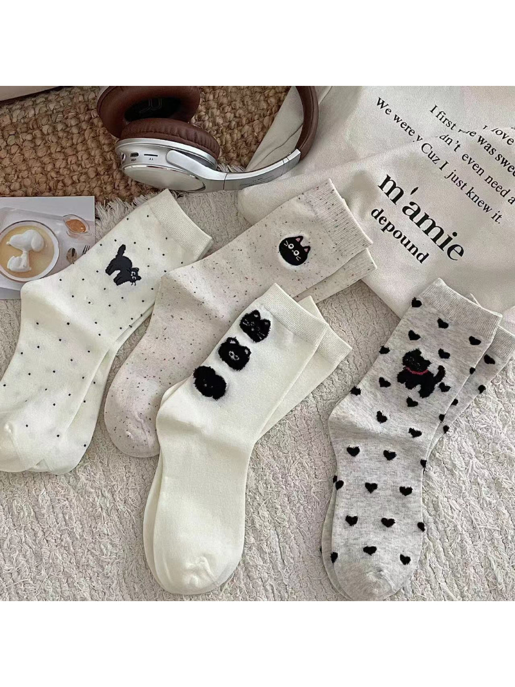 Rufia - Black Cat Dog Pattern Crew Socks
