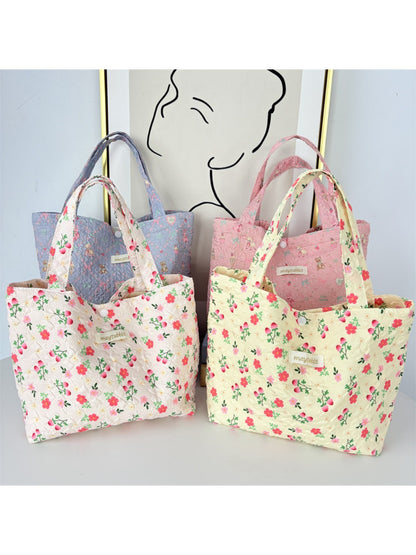 Cosbai – Quilted Floral & Bear Printed Tote Bag