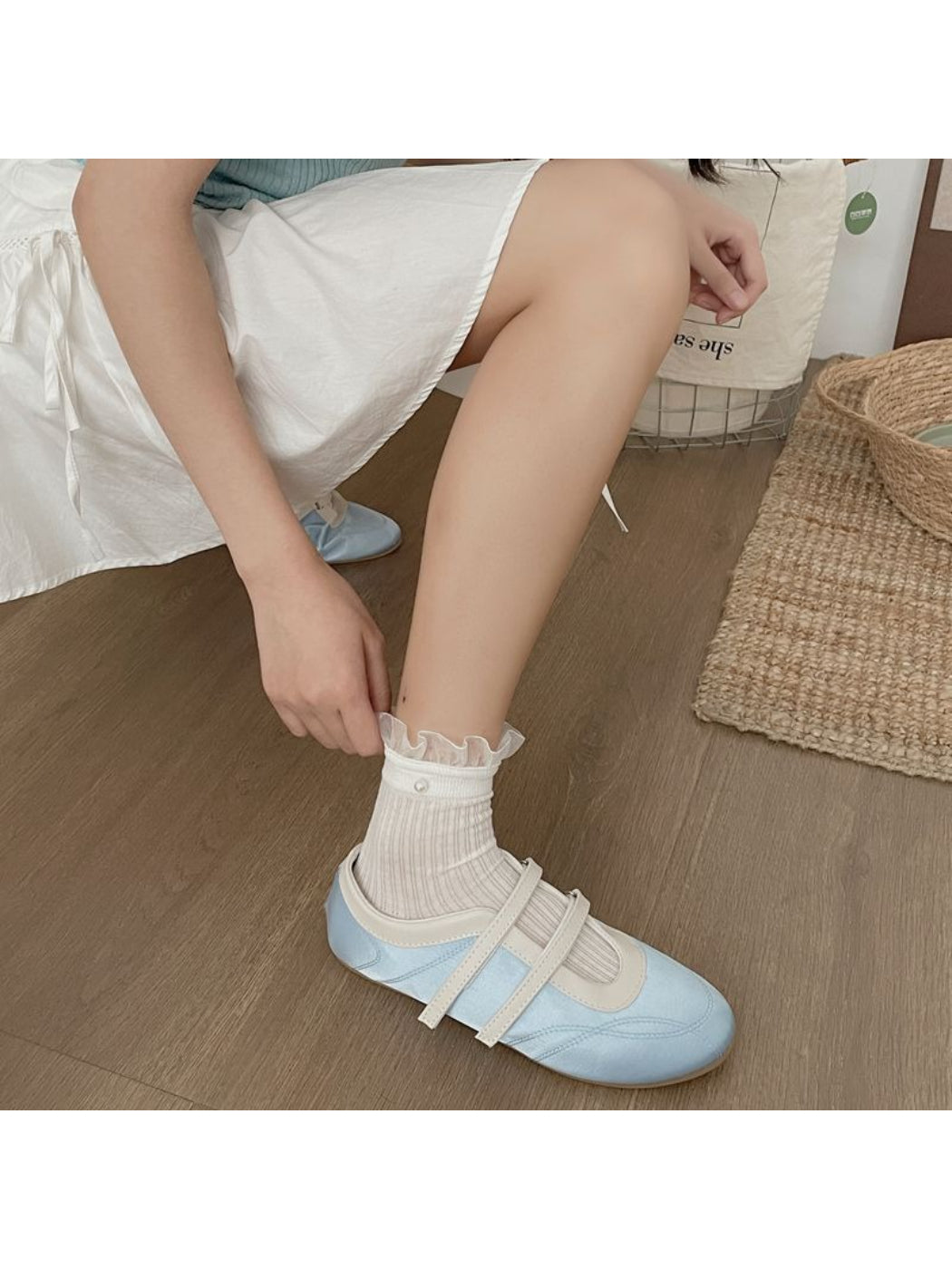 Rufia sheer ruffle trim crew socks worn with casual shoes