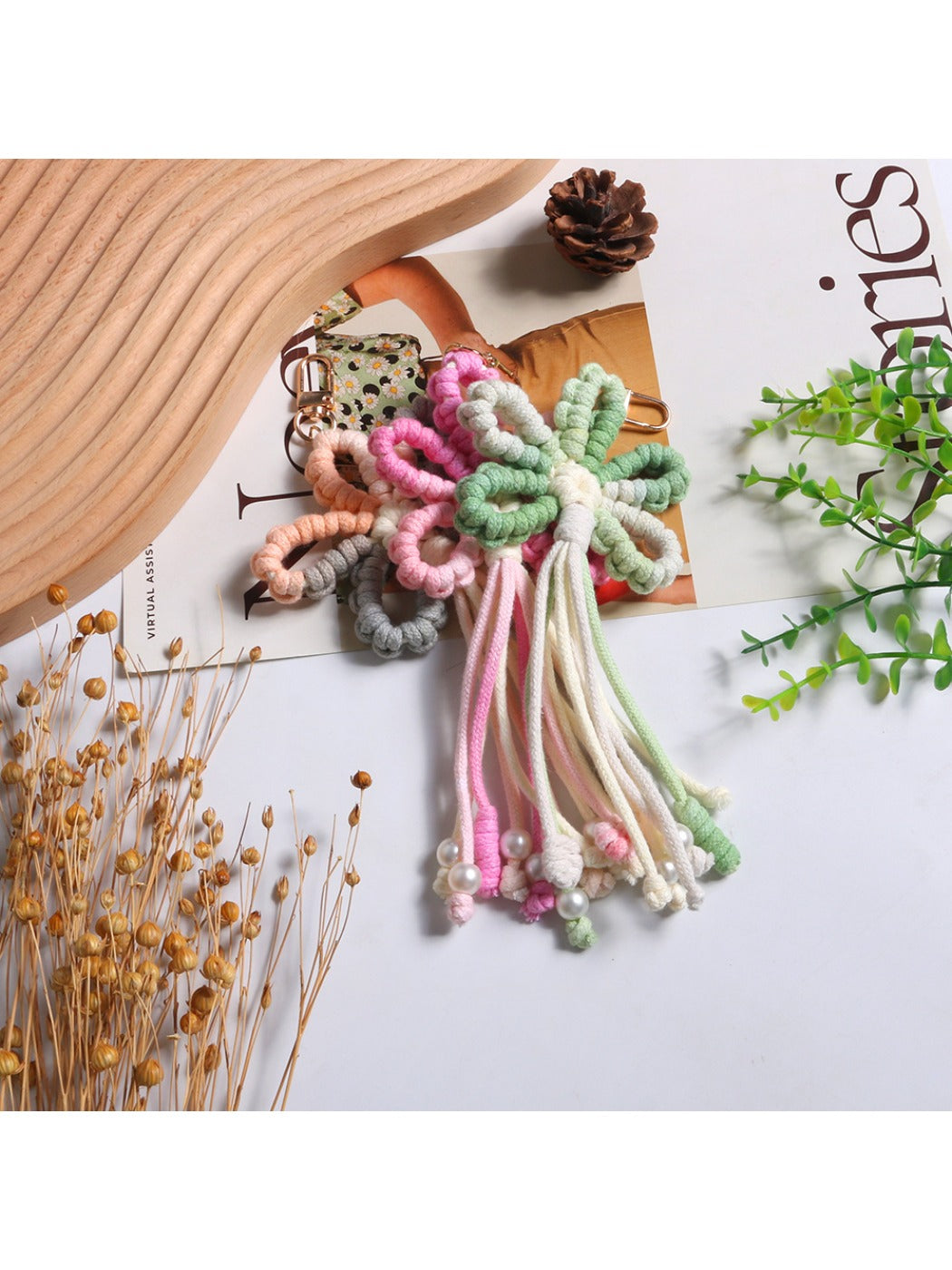 Koco Crochet Cherry Blossom Keychain with Tassel showing floral motif and tassel detail