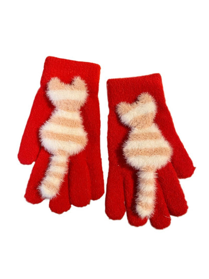 Gloving - Cozy Cat Striped Knit Gloves for Women
