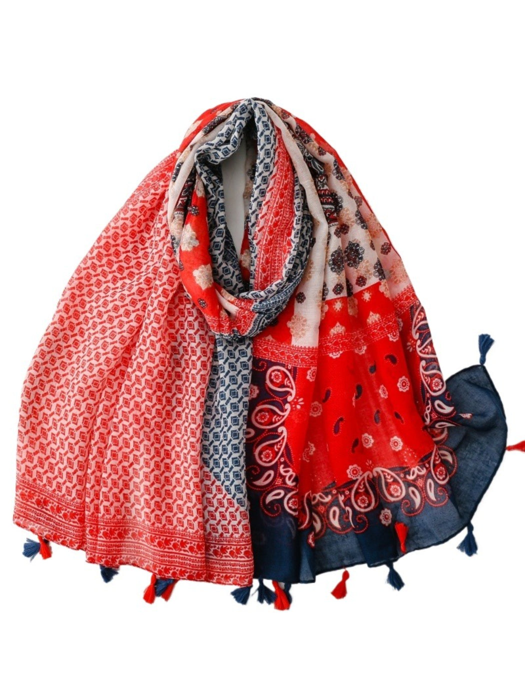 Red boho border wrap scarf folded to show intricate patterns and vibrant colors