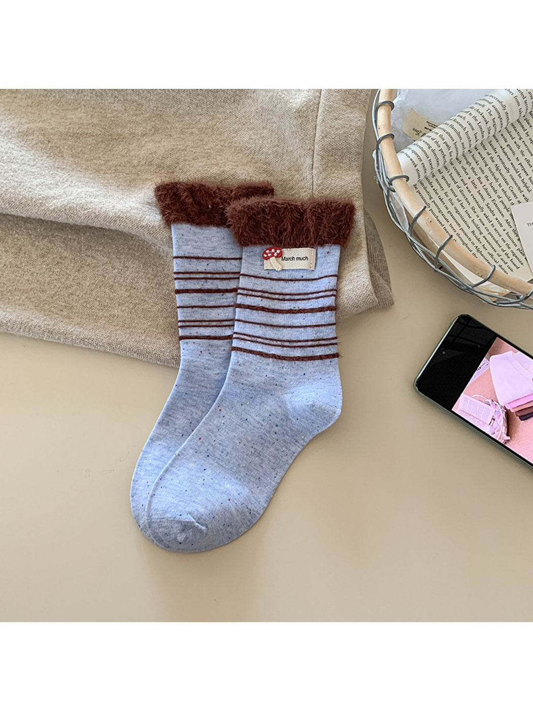 Rufia - Mushroom Label Plush Cuffs Striped Crew Socks