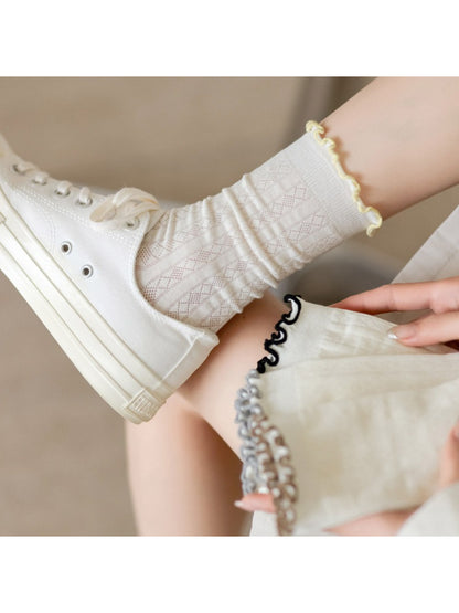 Rufia - Pastel Ruffle Edge Cable Knit Crew Socks