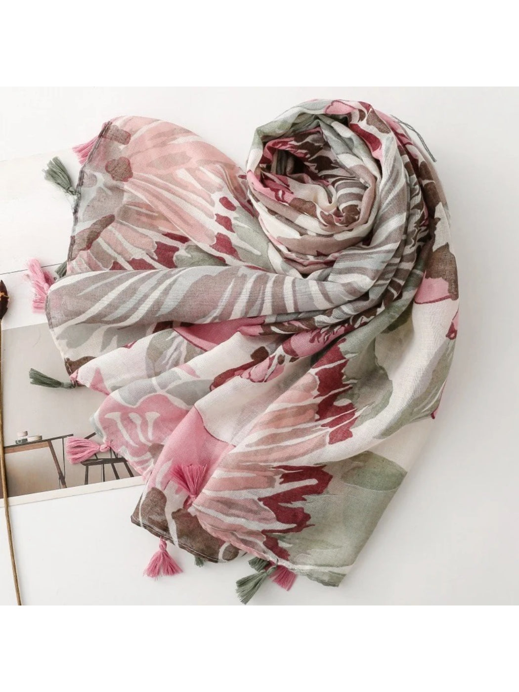 Scarvii - Pink Watercolor Floral Tassel Wrap Scarf