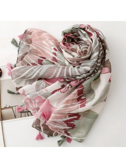 Scarvii - Pink Watercolor Floral Tassel Wrap Scarf