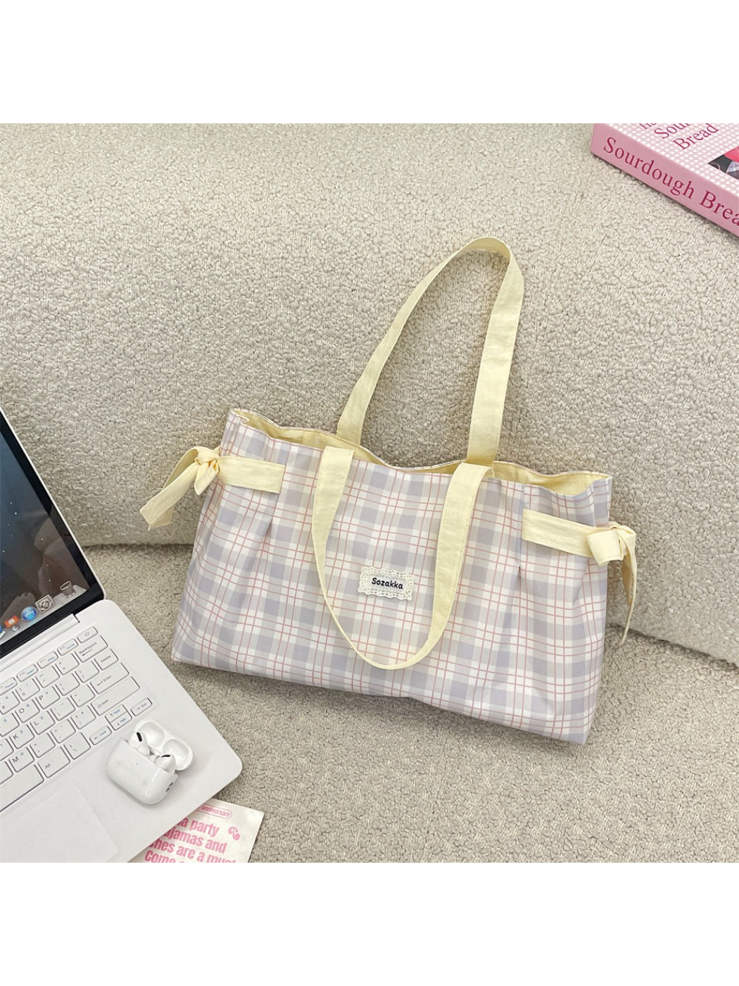 Cosbai - Plaid Bow Tie Detail Tote Bag