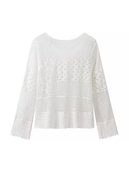 Crosa - Hollow Knitted Round Neck Long-Sleeve Top Sweater