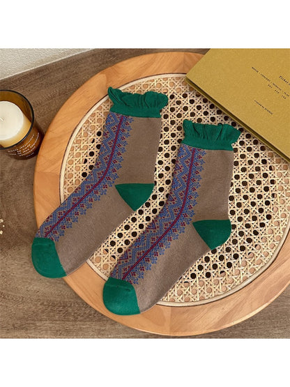 Rufia - Retro Pattern Ruffle Crew Socks