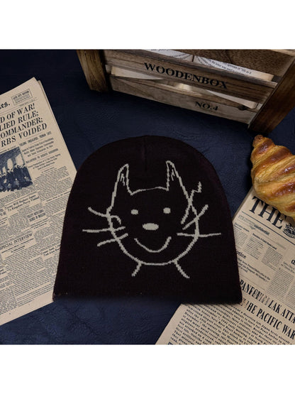 Haila - Cat Face Graphic Knit Slouchy Beanie
