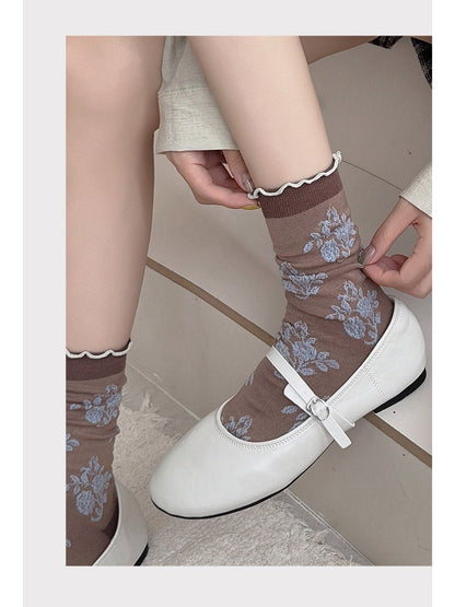 Rufia - Vintage Floral Jacquard Lettuce-Edge Socks