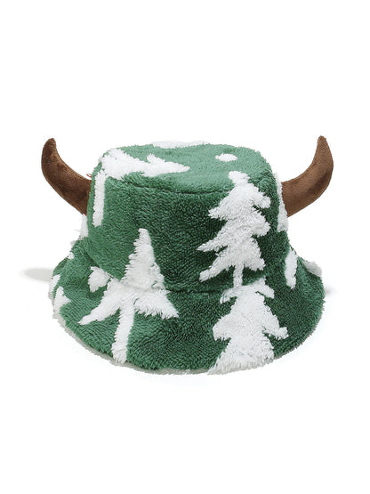 Haila Cow Print Fuzzy Bucket Hat with Horns
