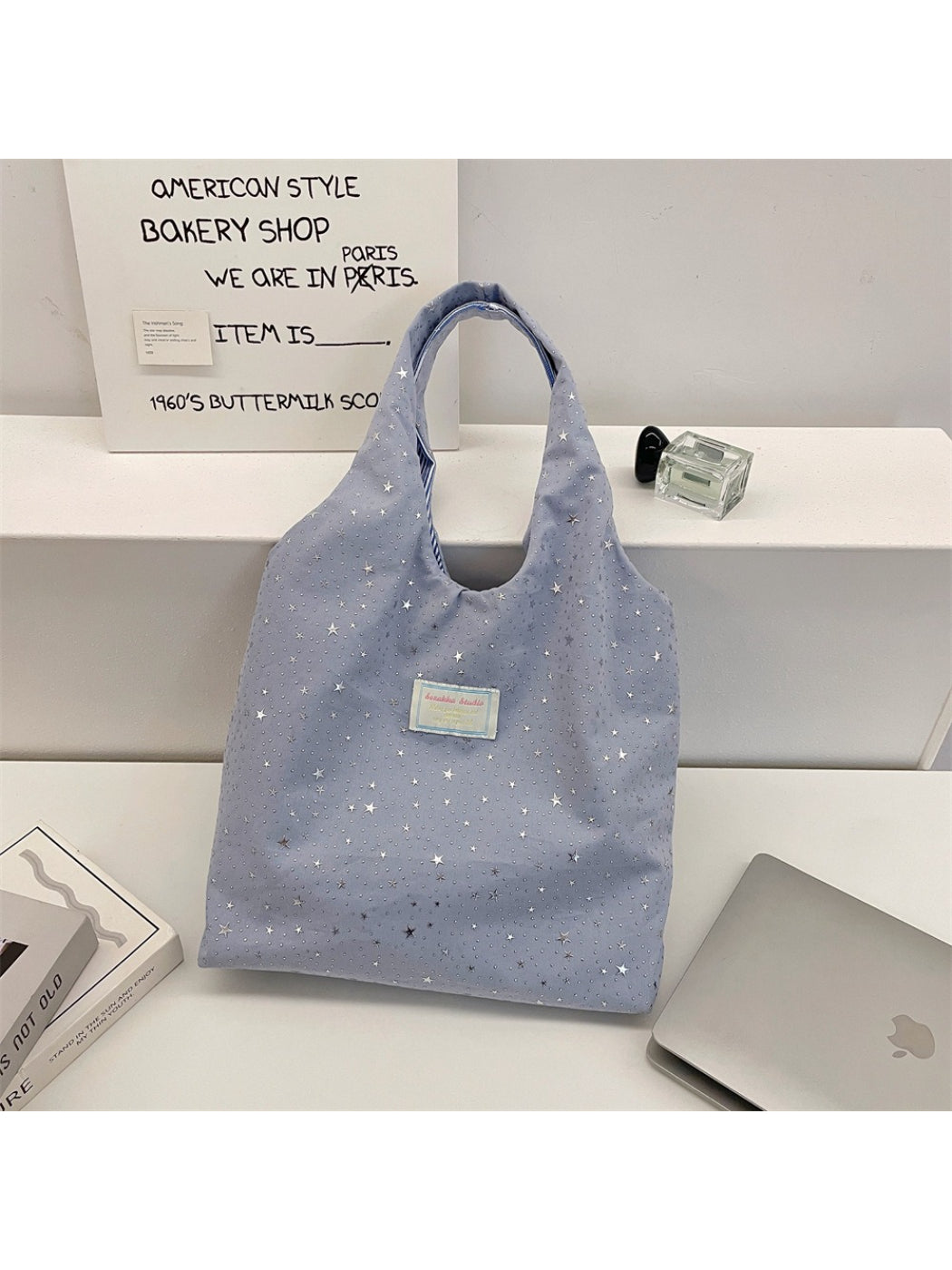 Cosbai cute star pattern tote bag shown flat on surface