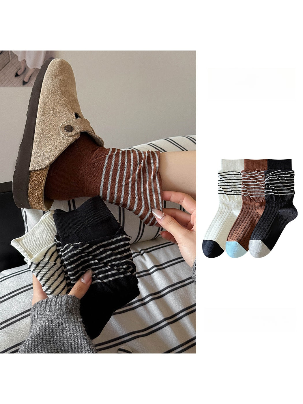 Rufia - Casual Rolled Cuff Stripes Crew Socks