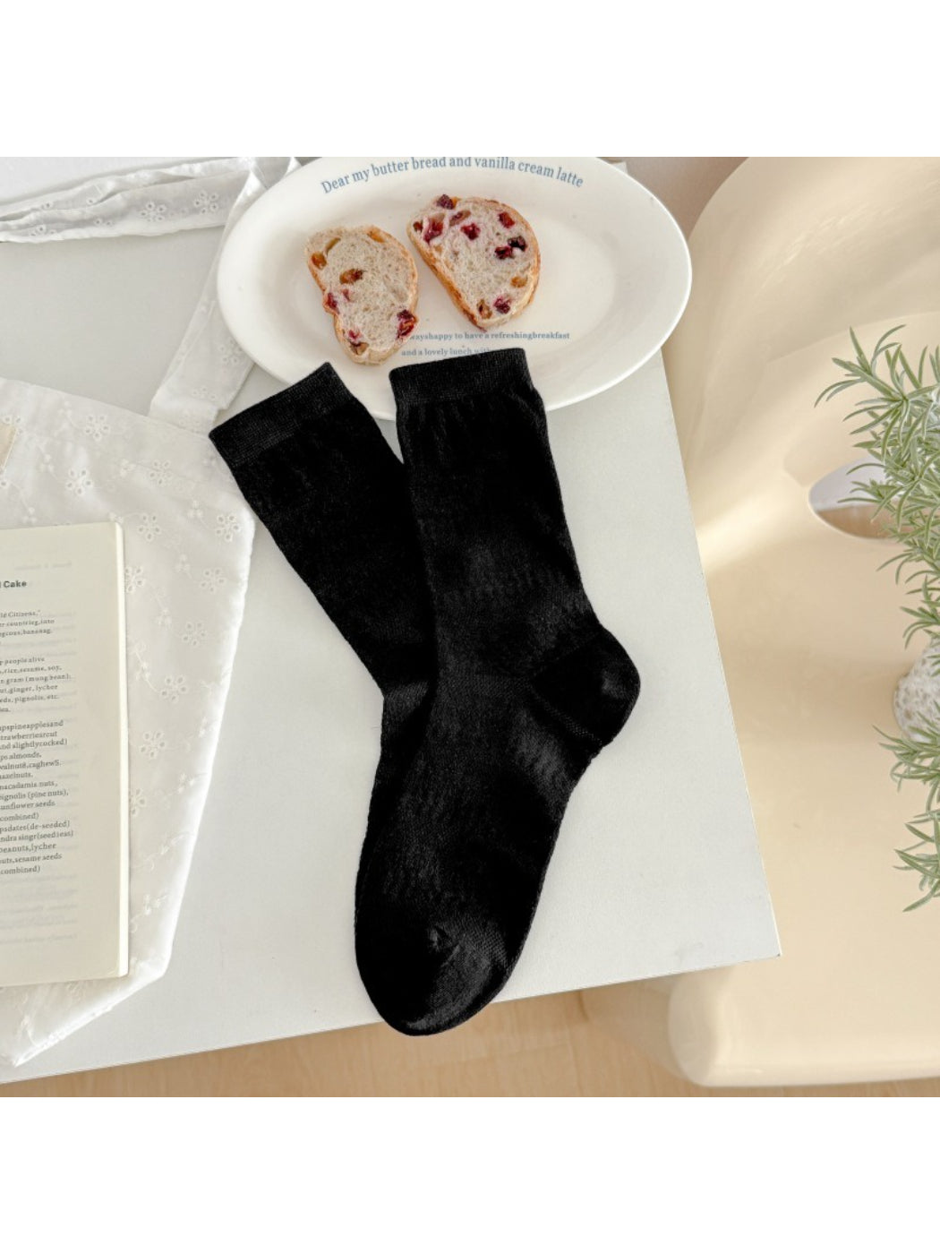 Rufia neutral textured crew socks arranged in a fan shape displaying texture