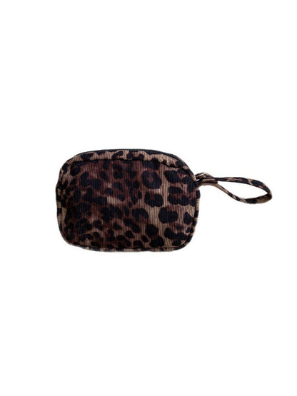 Cosbai - Corduroy Travel Makeup Pouch with Leopard Print