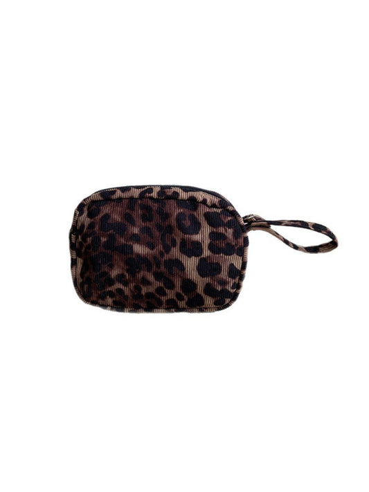 Cosbai - Corduroy Travel Makeup Pouch with Leopard Print