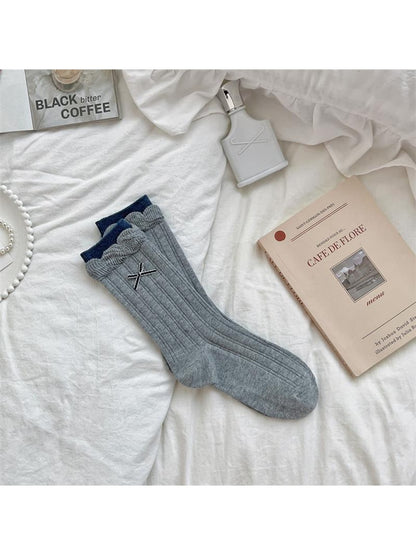 Rufia - Retro Bow Ruffle Cuff Crew Socks