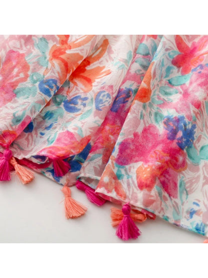 Scarvii - Pink Watercolor Floral Tassel Scarf