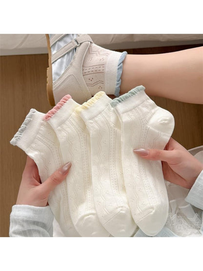 Rufia - White Tones Openwork Ruffle Ankle Socks