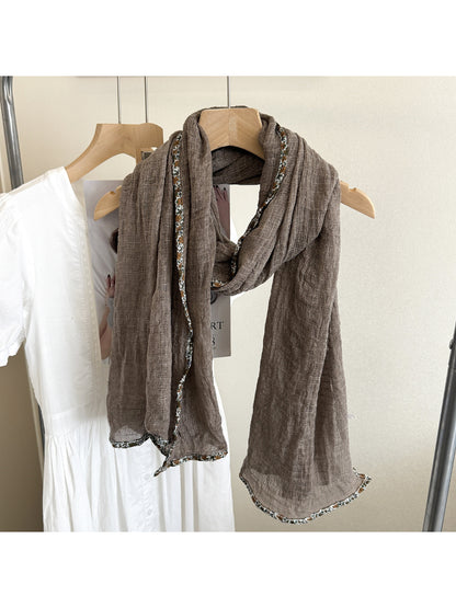 Scarvii - Woven Floral Trim Long Scarf