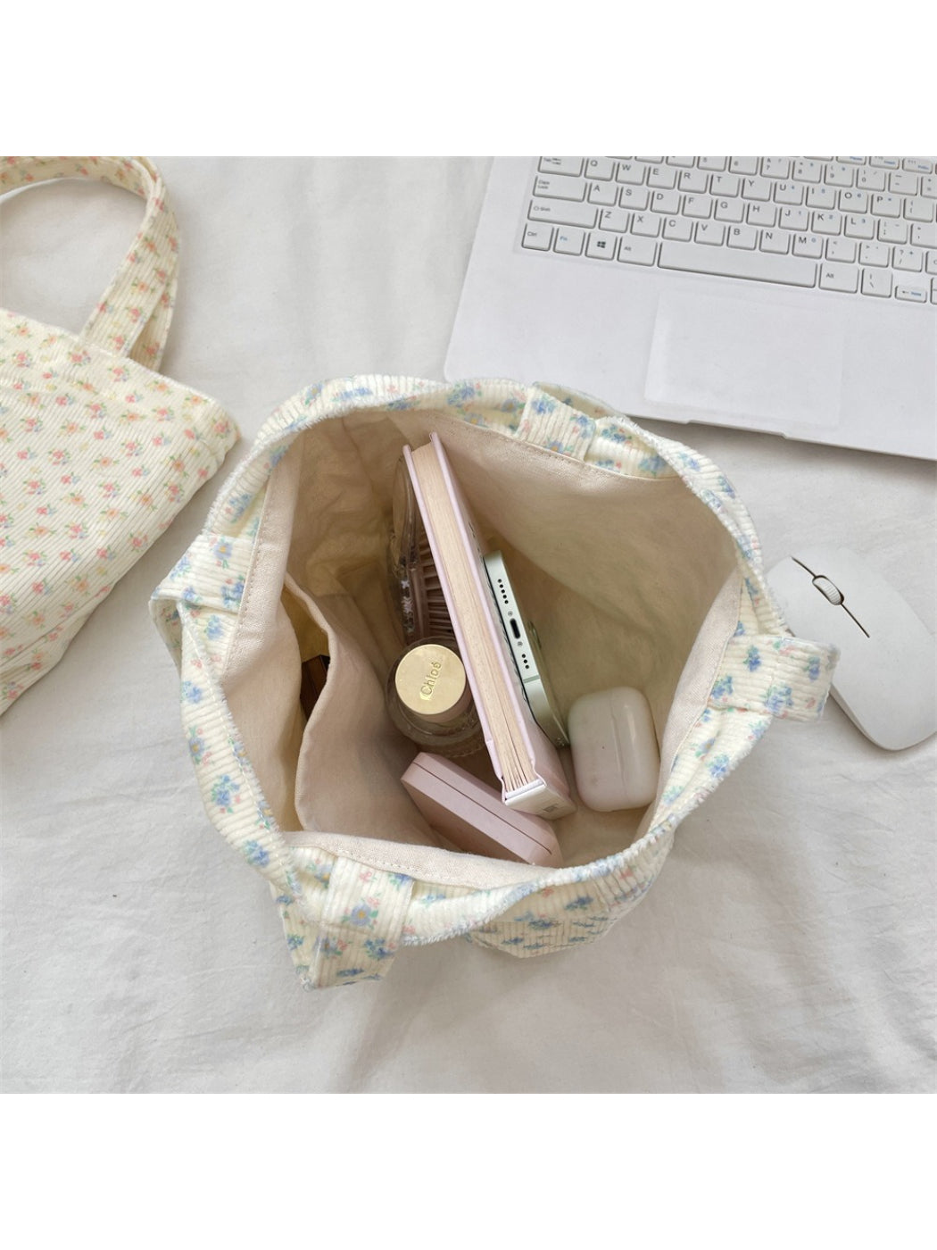 Cosbai ribbed floral small carry tote bag folded flat to show flexibility