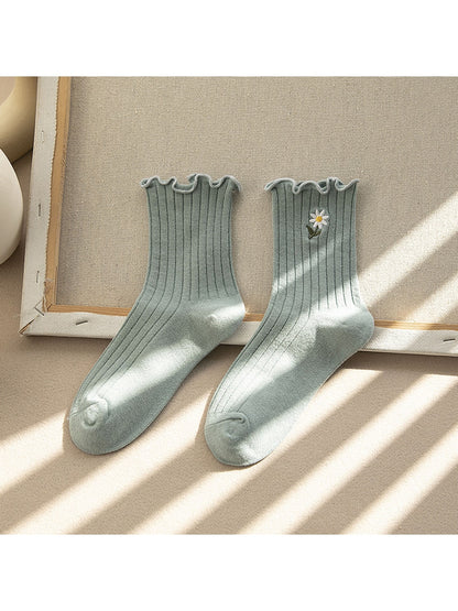 Rufia - Ruffle Trim Flower Embroidery Crew Socks
