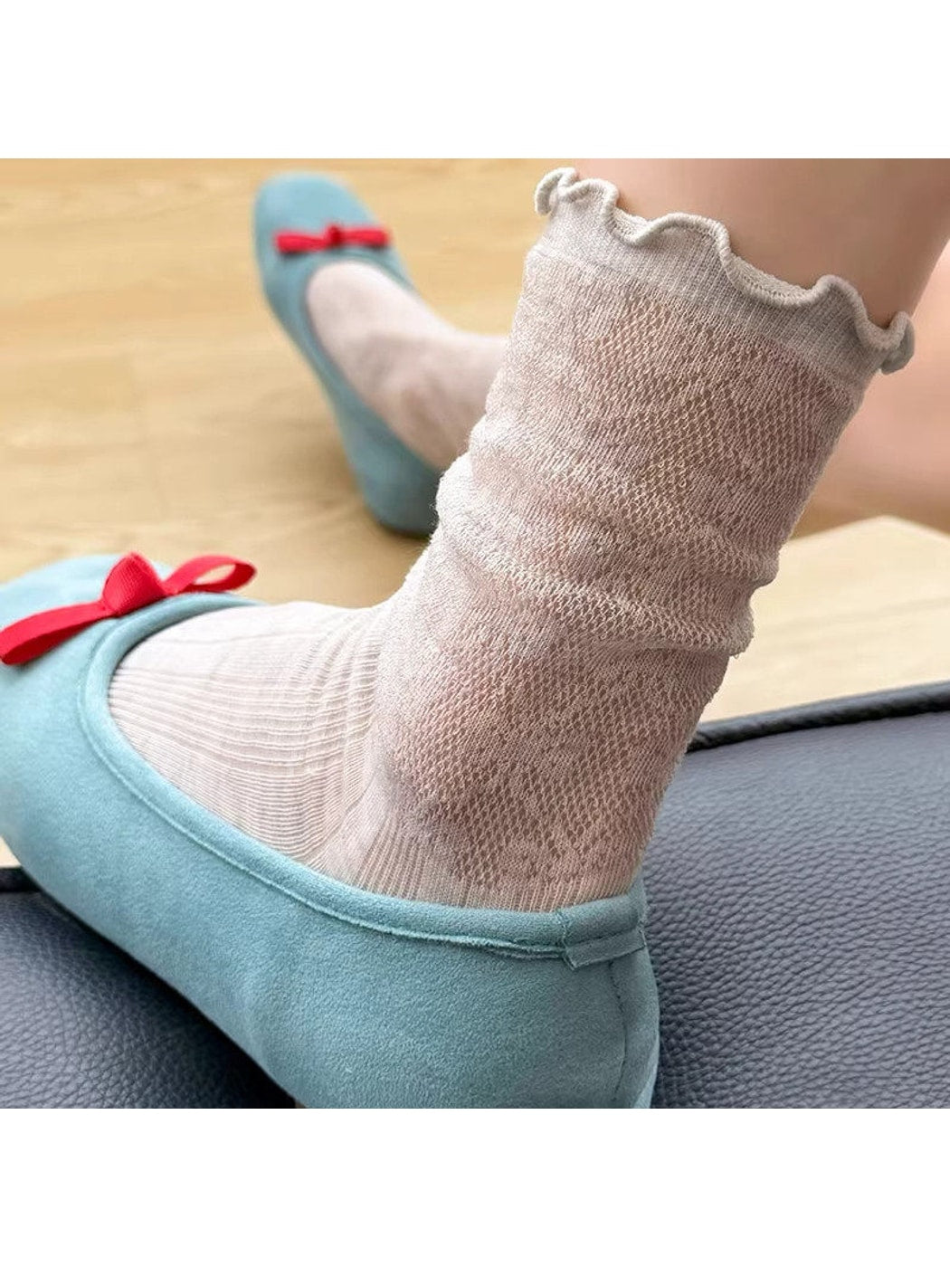 Rufia - Ruffle Trim Openwork Crew Socks