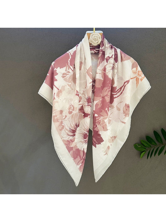Scarvii - Dusty Pink Floral Printed Fashion Square Scarf