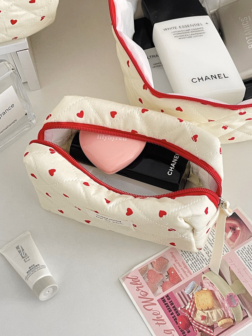 Open Cosbai Heart Print Quilted Makeup Bag showing spacious interior and