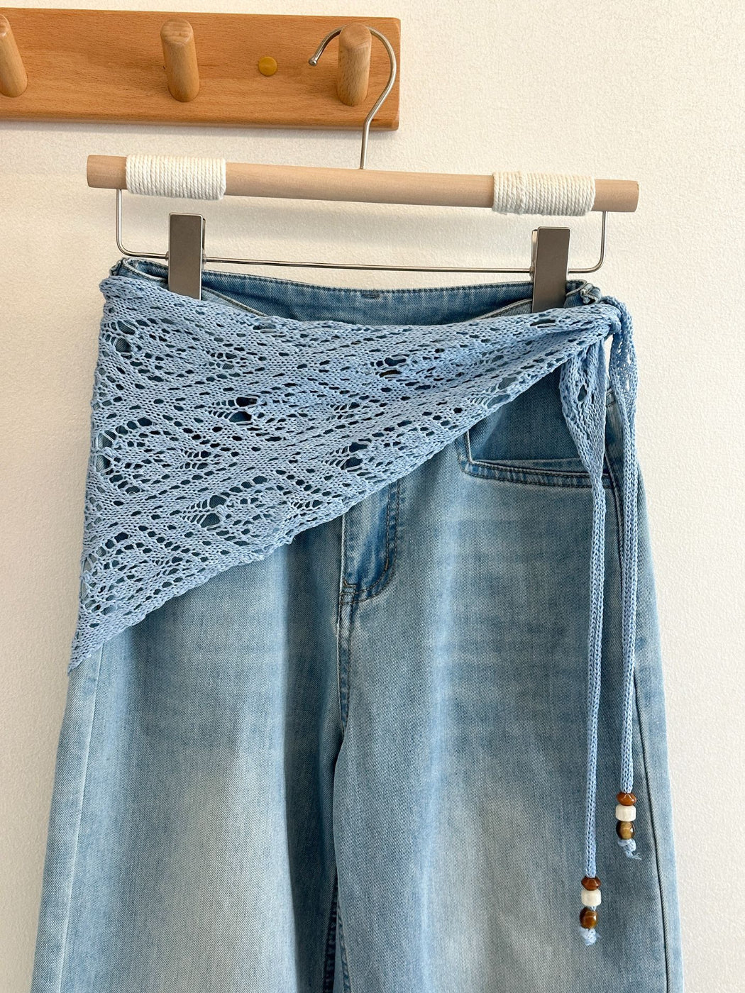 Scarvii - Lace Knit Triangle Scarf with Beaded Ties