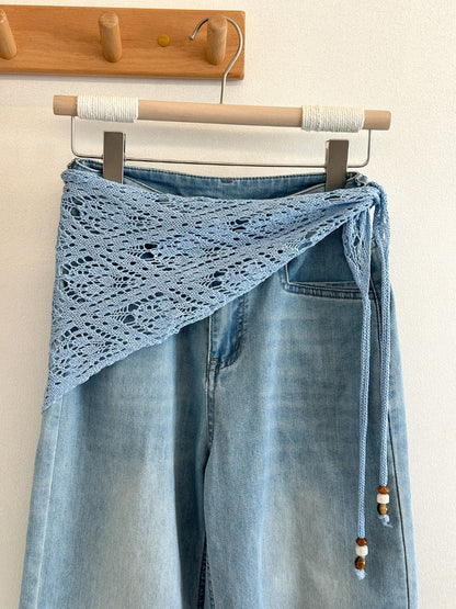 Scarvii - Lace Knit Triangle Scarf with Beaded Ties