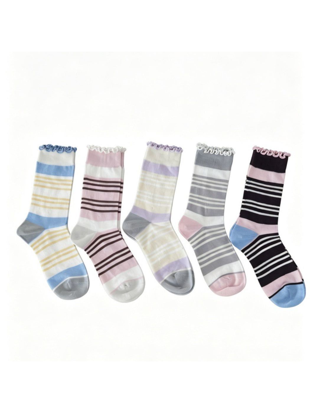 Pair of Rufia Wavy Cuff Stripe Socks in white with black and gray stripes