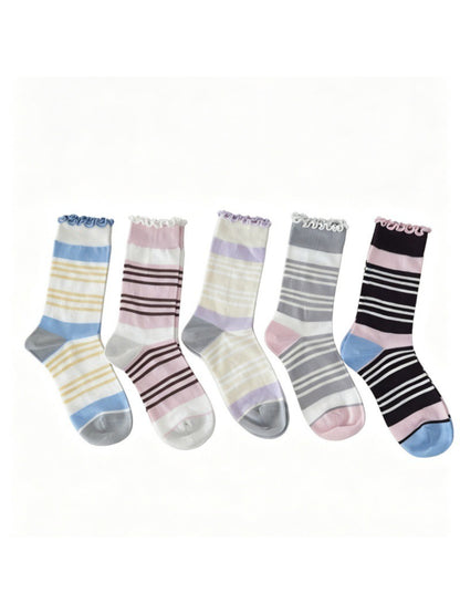 Pair of Rufia Wavy Cuff Stripe Socks in white with black and gray stripes