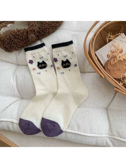 Rufia - Cat and Floral Knit Crew Socks