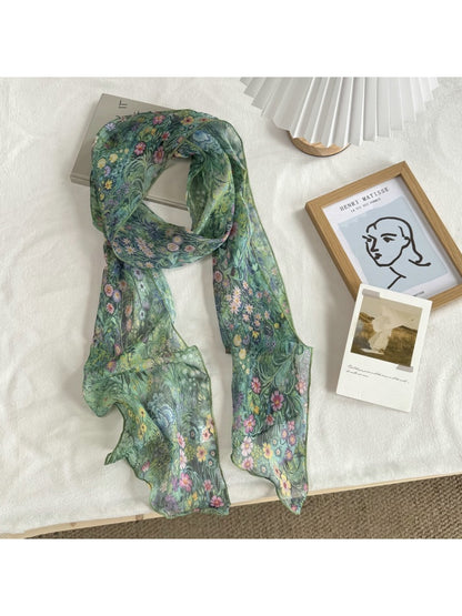 Scarvii - Semi Sheer Dyed Pattern Long Narrow Scarf