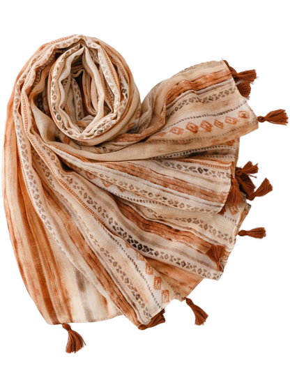 Camel scarf with lengthwise stripes, geometric diamond motifs and tasselled ends, looped display