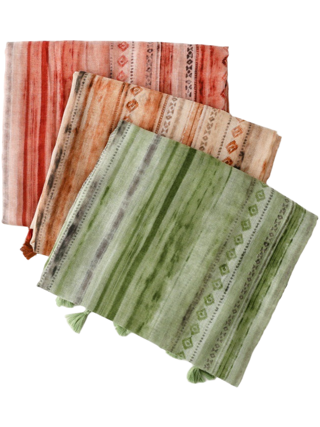 Three folded scarves with striped diamond patterns in orange red, camel and green