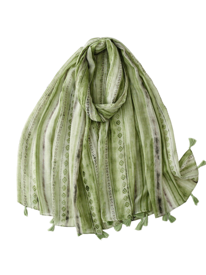 Green striped scarf with tassel fringe, original cropped edge retained