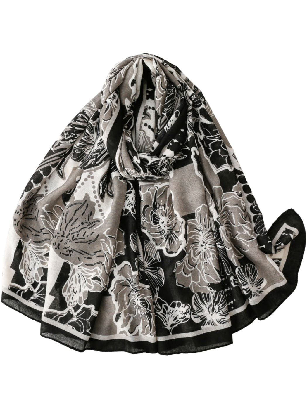 Black Gray floral scarf with a black border, loosely looped and draped