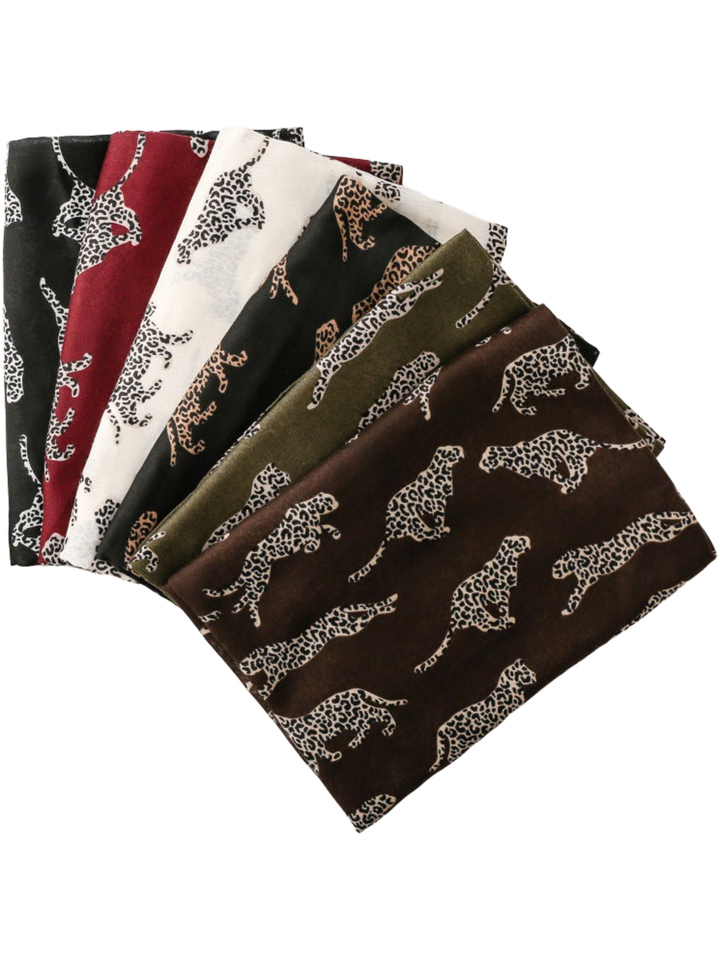 Leopard-motif scarves in six color combinations, folded together