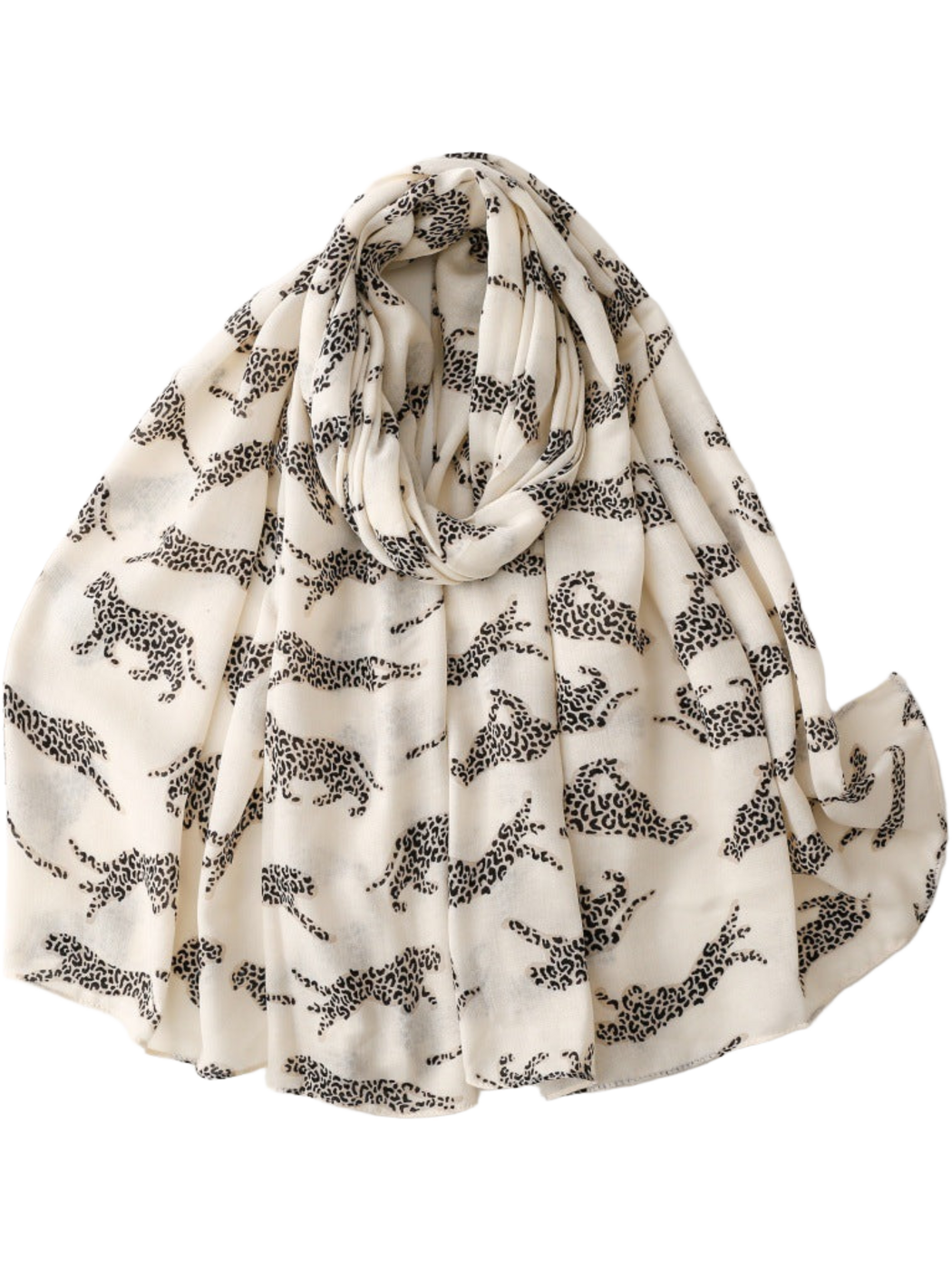 Ivory scarf with repeating leopard silhouettes, loosely looped