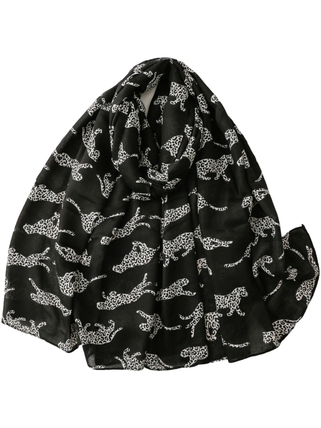Black scarf with white leopard silhouettes, loosely looped