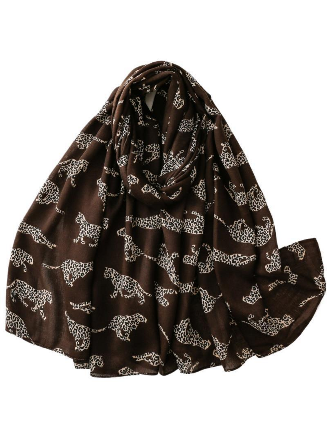 Brown scarf with repeating leopard silhouettes, loosely looped on white