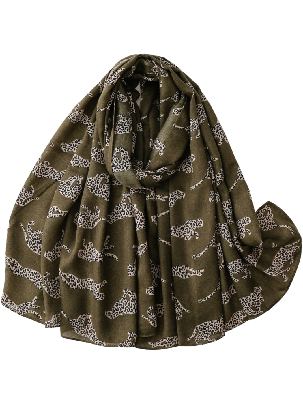 Green scarf with repeating leopard silhouettes, loosely looped